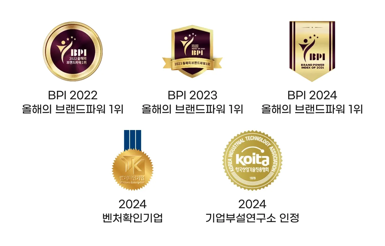 BPI 2022~2024 올해의 브랜드파워 1위, 벤처확인기업, 기업부설연구소 인정, KOITA